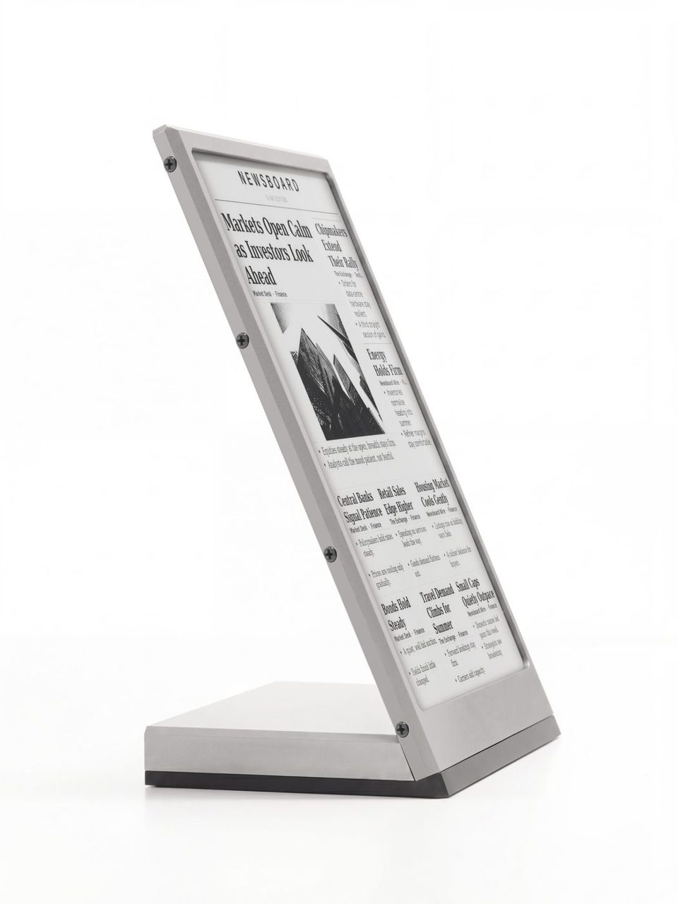 The Newsboard in profile, showing the wedge stand cut from the same aluminium block as the body.
