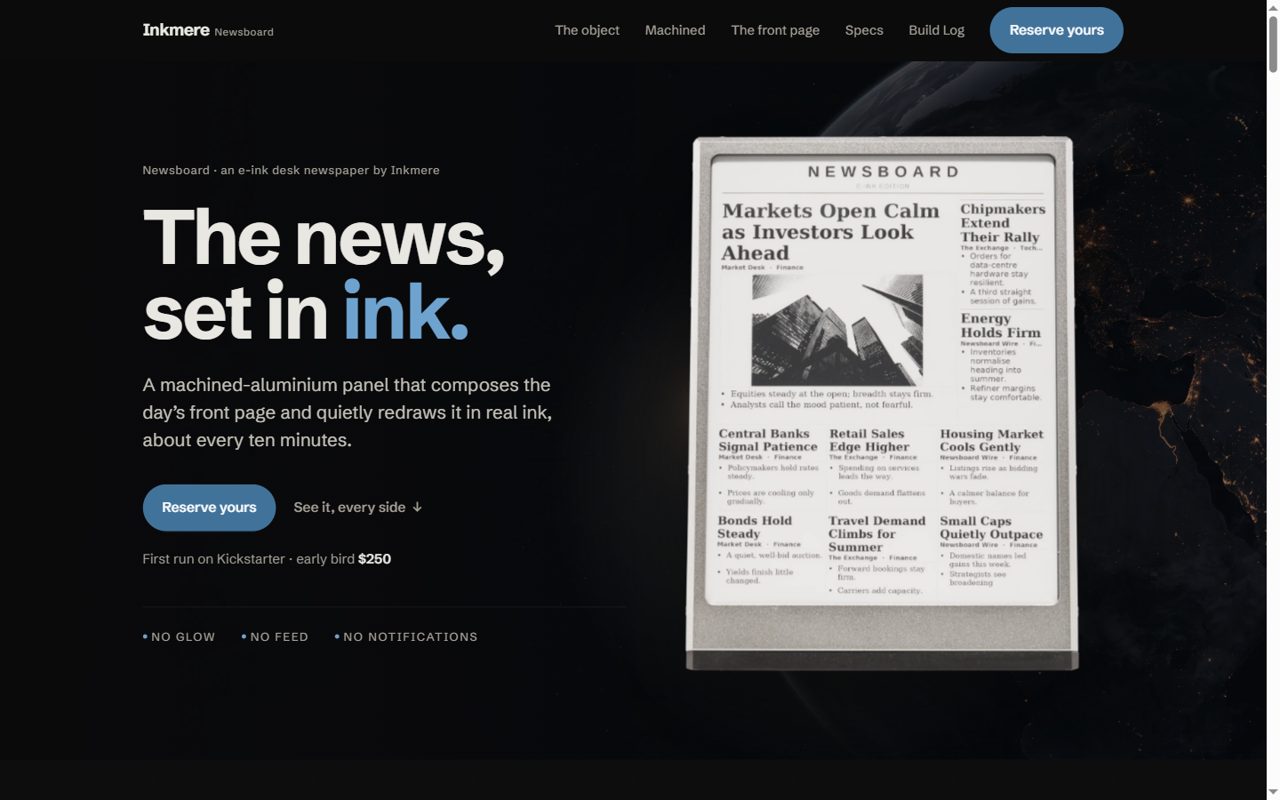 The inkmere.com landing page: the Newsboard panel showing a newspaper front page, on a dark background, beside the words The news, set in ink.